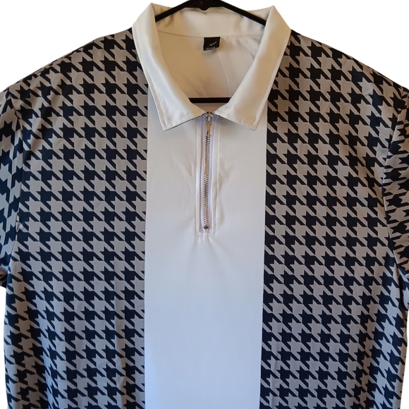 Men's black/gray houndstooth print short-sleeve zip front polo shirt size XL - Picture 3 of 8